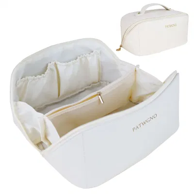 Borsa per cosmetici da viaggio di grande capacità, borsa per trucchi portatile che si apre piatta per borsa per trucchi multifunzionale in pelle PU impermeabile per donna